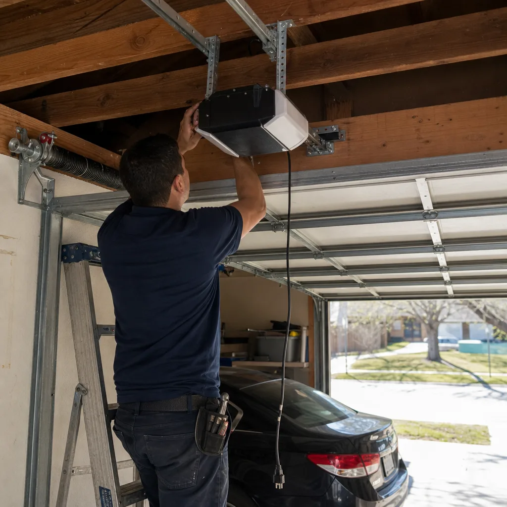 Technician performing professional garage door opener motor repair