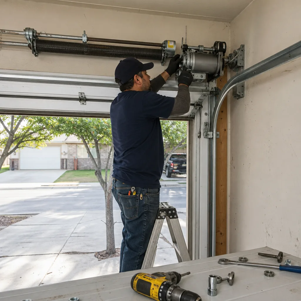Technician performing professional garage door opener repair in a residential garage