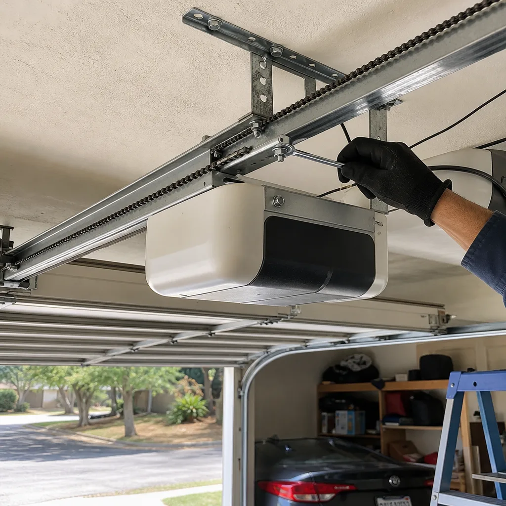 Technician performing professional garage door opener repair and maintenance