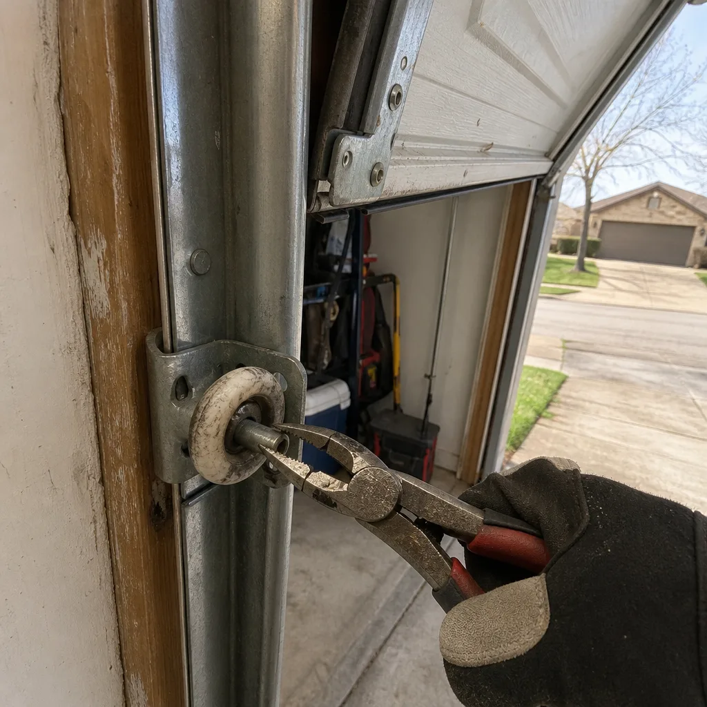 Hand performing garage door roller maintenance with pliers
