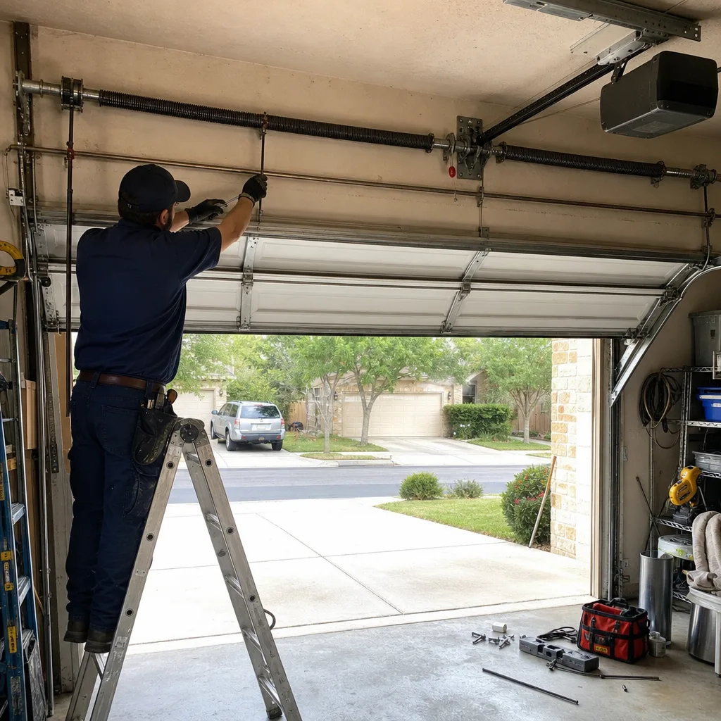 Professional technician repairing a residential garage door torsion spring system.