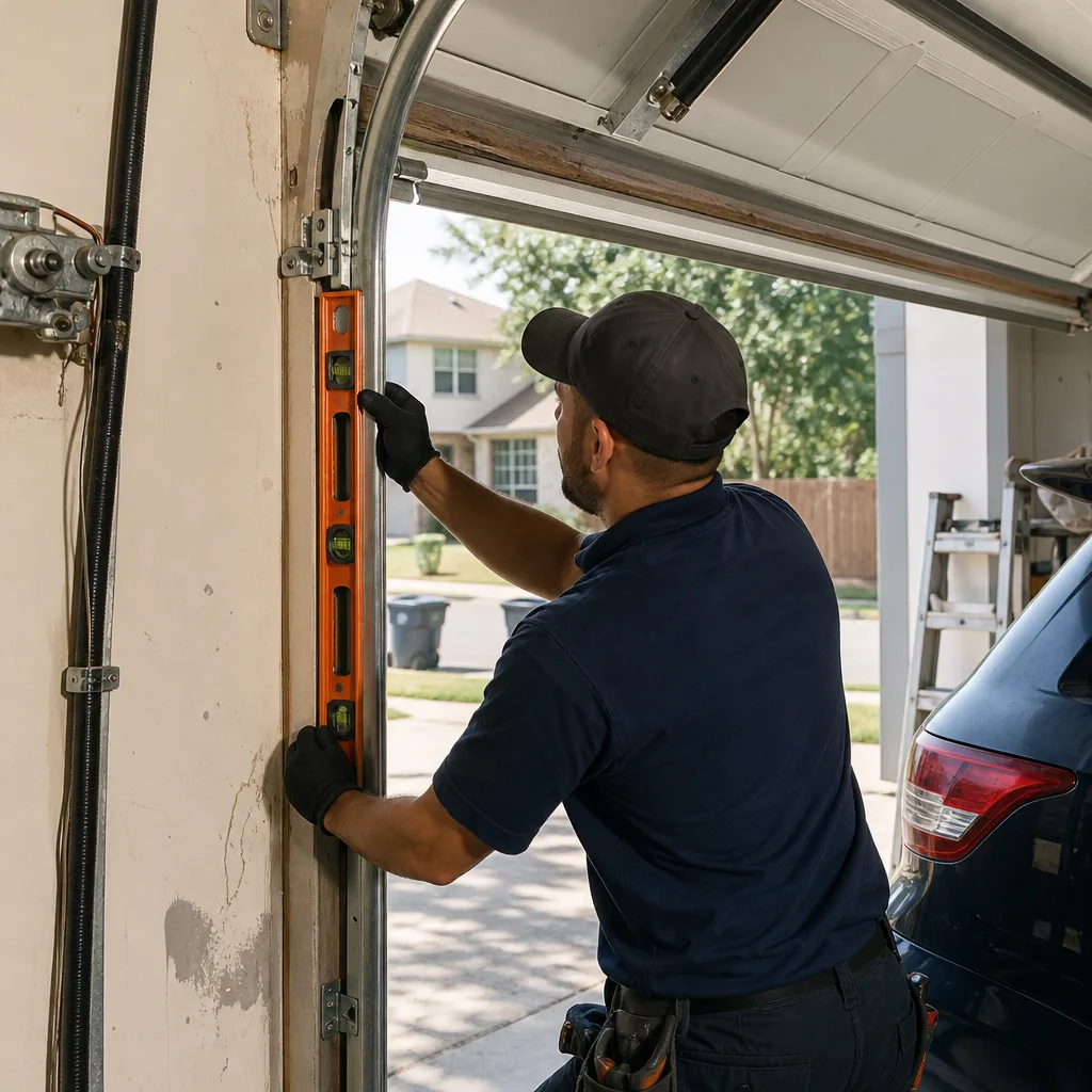 Technician checking garage door track alignment with a level